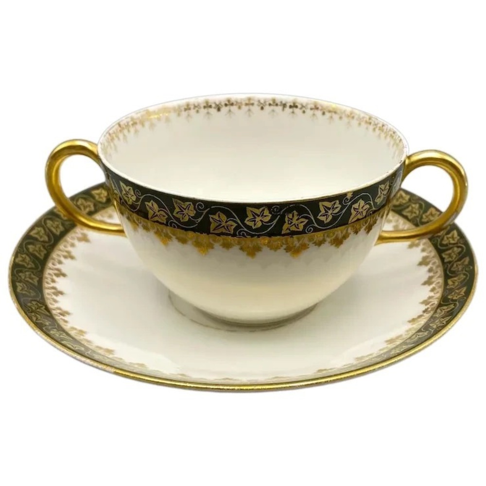 Ch Field Haviland Limoges Bouillon Cup & Saucer Dark‎ Green Gold Ivy GDA France